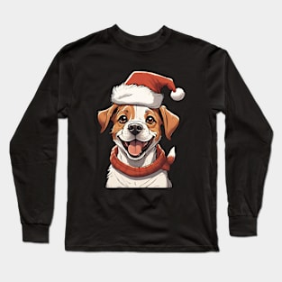 Cute Puppy Dog wearing Christmas Hat Long Sleeve T-Shirt